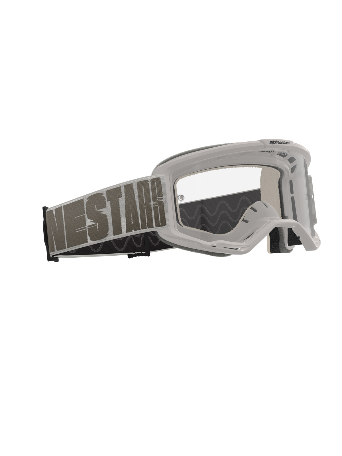 Alpinestars Vision 5 Hollow Goggles, gafas de motocross, Wind Clear, montura gris claro con lente transparente antivaho, correa tejida ancha con la marca 'NESTARS' en negrita, gafas protectoras de alto rendimiento para carreras off-road