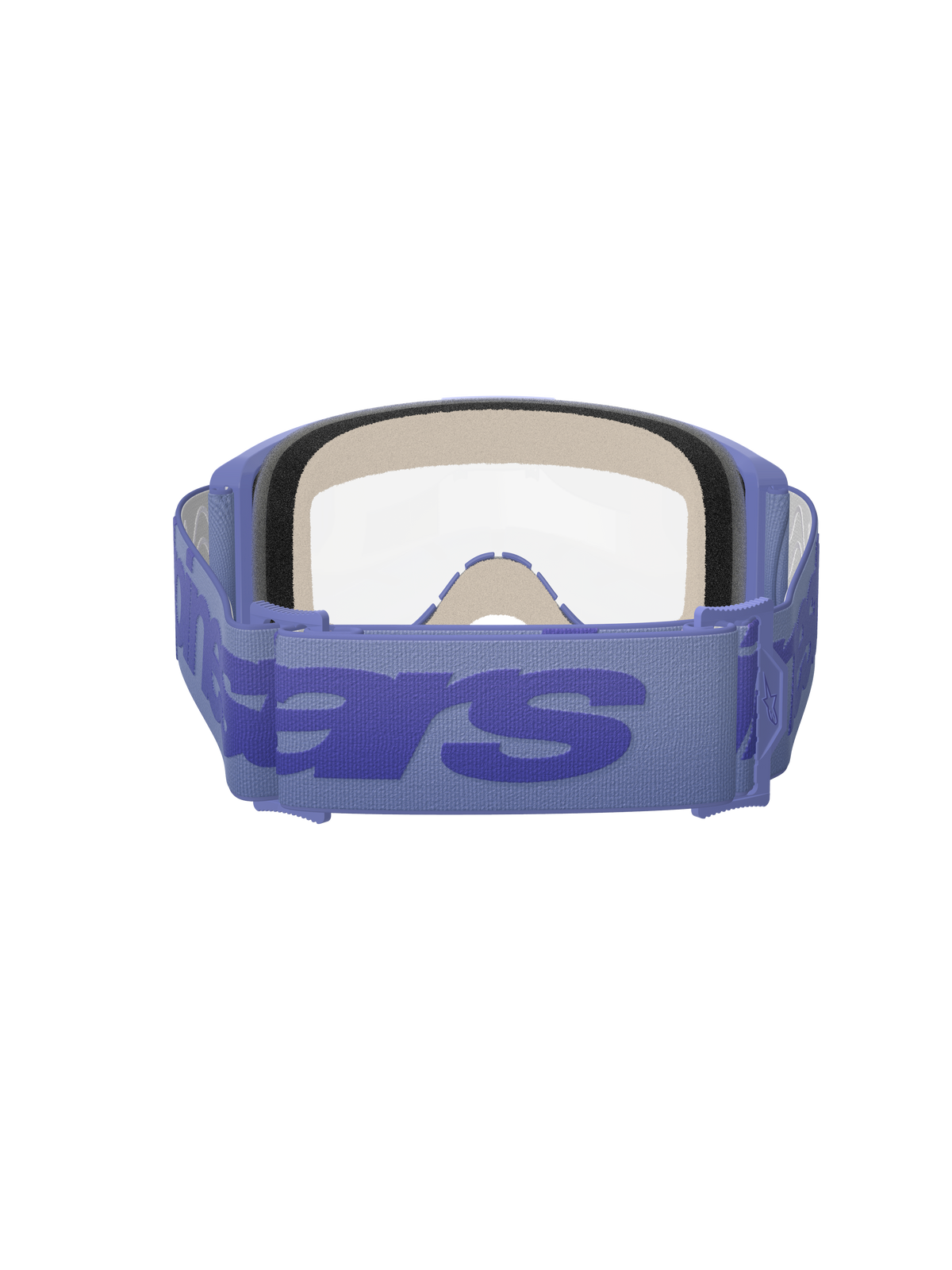 Gafas Alpinestars Vision 5 Wordmark, moradas y transparentes, vista posterior que muestra la espuma facial de triple capa, correa tejida ancha morada con el logotipo de la marca destacado, lente transparente, diseñadas para motocross y carreras todoterreno