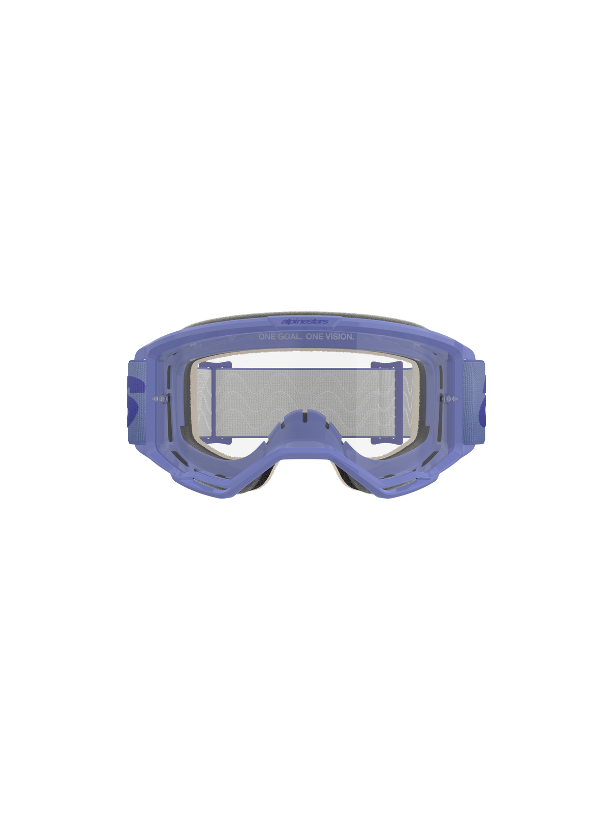 Gafas Alpinestars Vision 5 Wordmark, moradas y transparentes, con marco de uretano A-FLEX ligero, lente de policarbonato antiempañante transparente con el lema 'ONE GOAL. ONE VISION.', espuma facial de múltiples capas de 17 mm y correa tejida morada con logotipo llamativo, protección ocular profesional para motocross