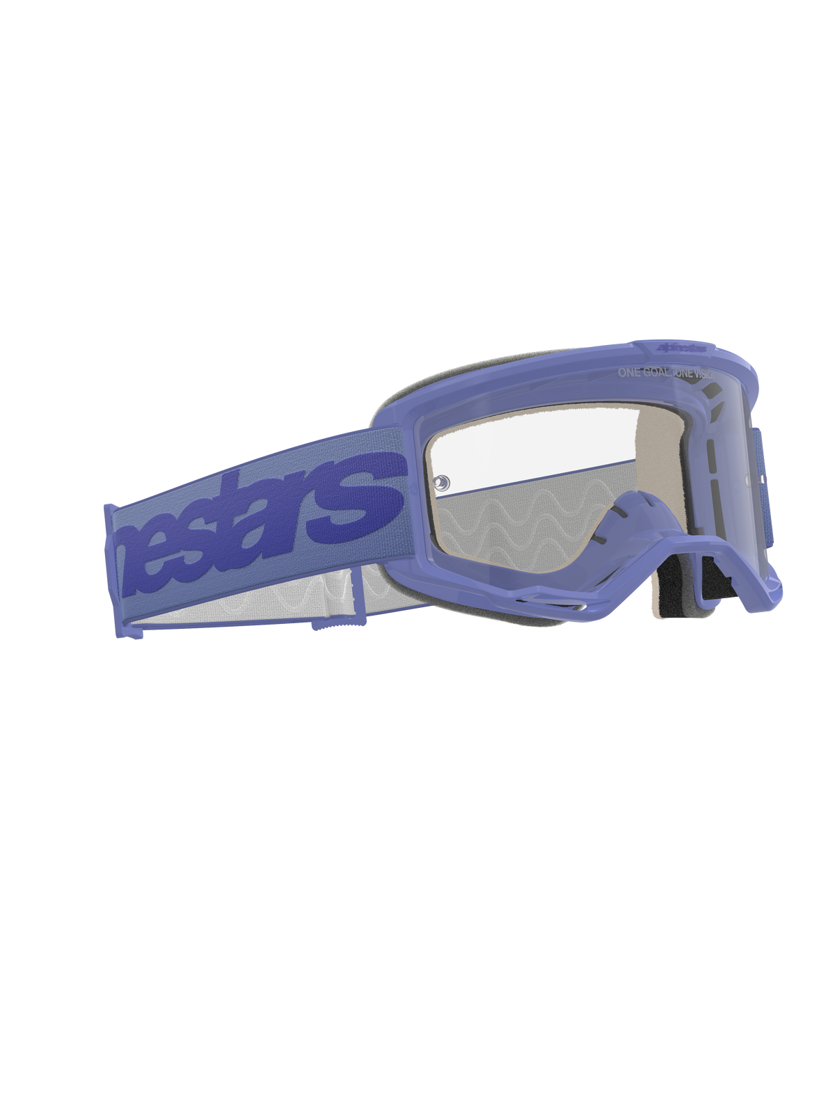 Gafas Alpinestars Vision 5 Wordmark, gafas de motocross, moradas y transparentes, con una correa ancha morada con el logotipo de Alpinestars, montura de uretano flexible, lente transparente antivaho y espuma facial de varias capas