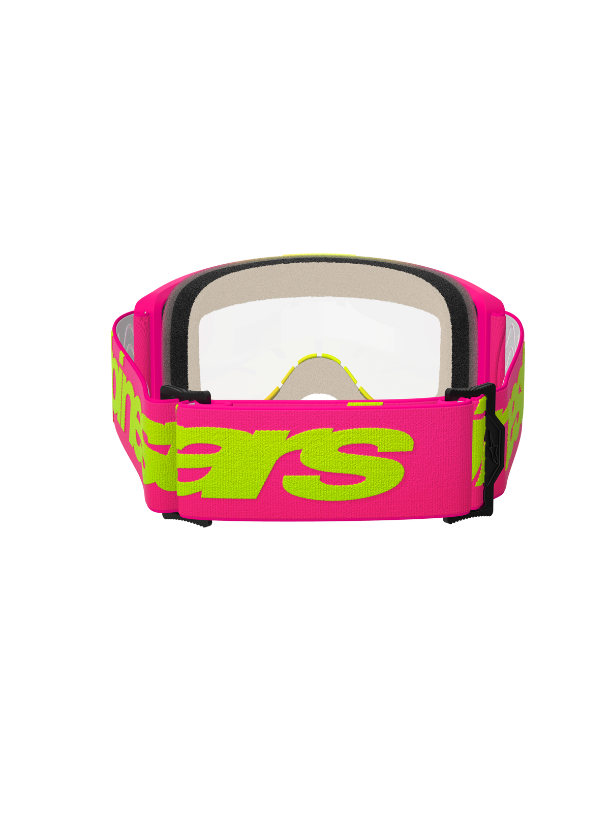 Alpinestars Vision 5 Wordmark Goggles, Motocross Goggles, Pink and Fluo Yellow, rear view showing the wide pink woven strap with neon yellow Alpinestars wordmark, clear lens, and multi-layer face foam padding