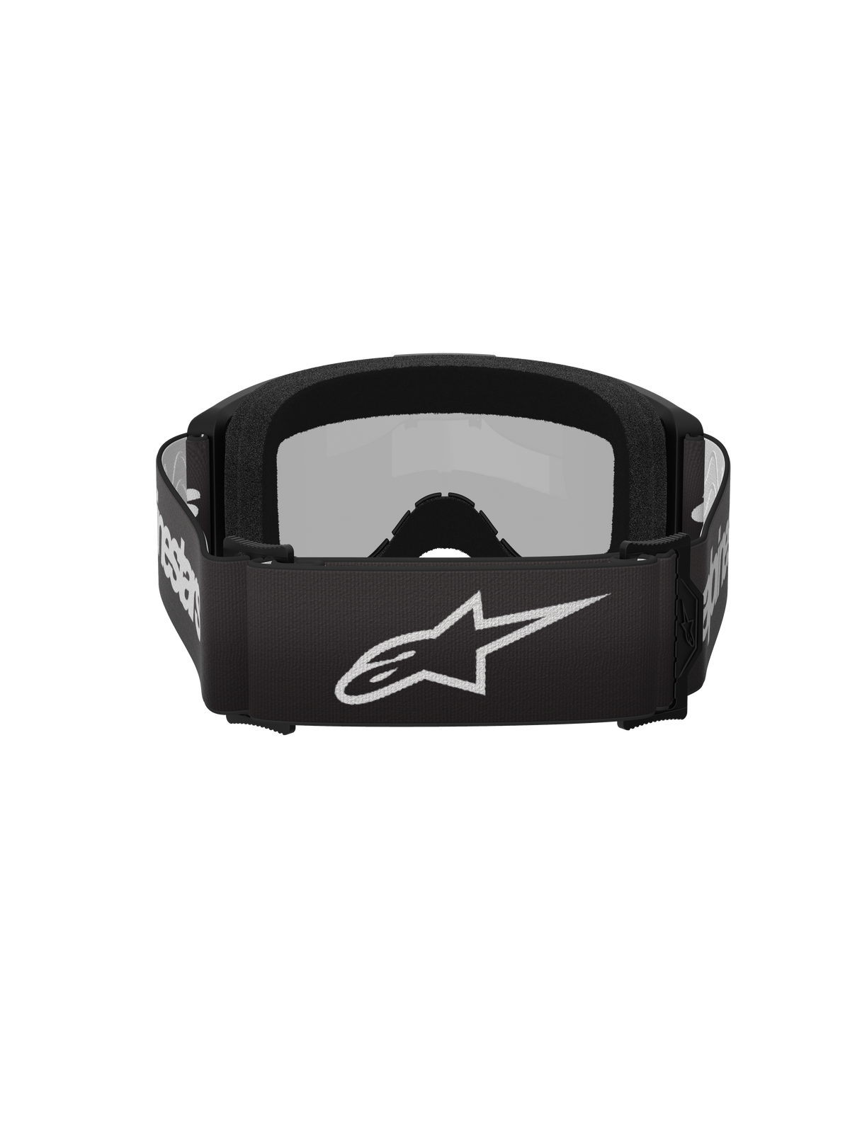 Gafas Alpinestars Vision 3 Wordmark, gafas de motocross, negro y plateado espejo, vista trasera con correa tejida negra con logotipo de Alpinestars en blanco y acolchado de espuma interior suave