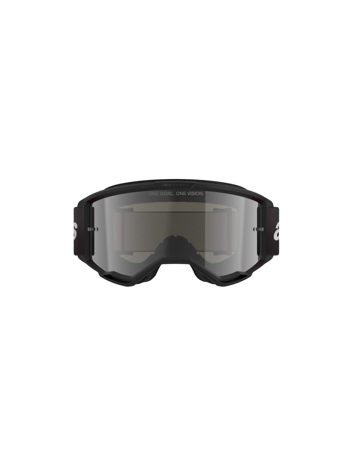 Gafas Alpinestars Vision 3 Wordmark, gafas de motocross, Black Mirror Silver, con un elegante marco negro y lentes de espejo plateadas, correa tejida negra con marca en blanco, diseñadas para carreras todoterreno y protección ocular