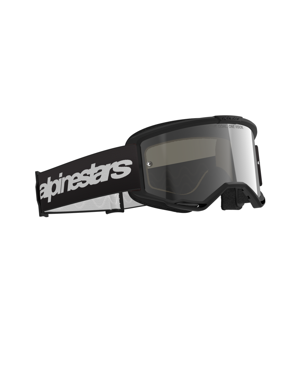 Gafas Alpinestars Vision 3 Wordmark, gafas de motocross, montura negra con lente plateada de espejo, correa negra ancha con logotipo de Alpinestars en blanco, gafas protectoras elegantes para carreras off-road