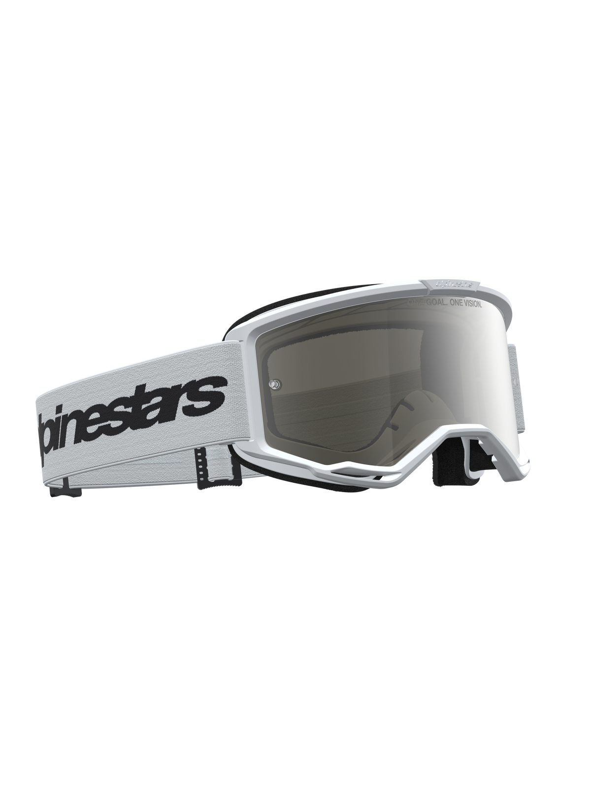Gafas Alpinestars Vision 3 Wordmark Mirror, para motocross, blancas y negras, lente de espejo plateado y ventilación RAM-AIR.