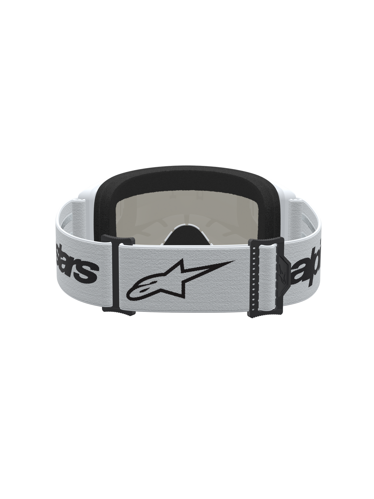 Gafas Alpinestars Vision 3 Wordmark Mirror, blancas y negras para motocross, con correa con logo y espuma facial suave.