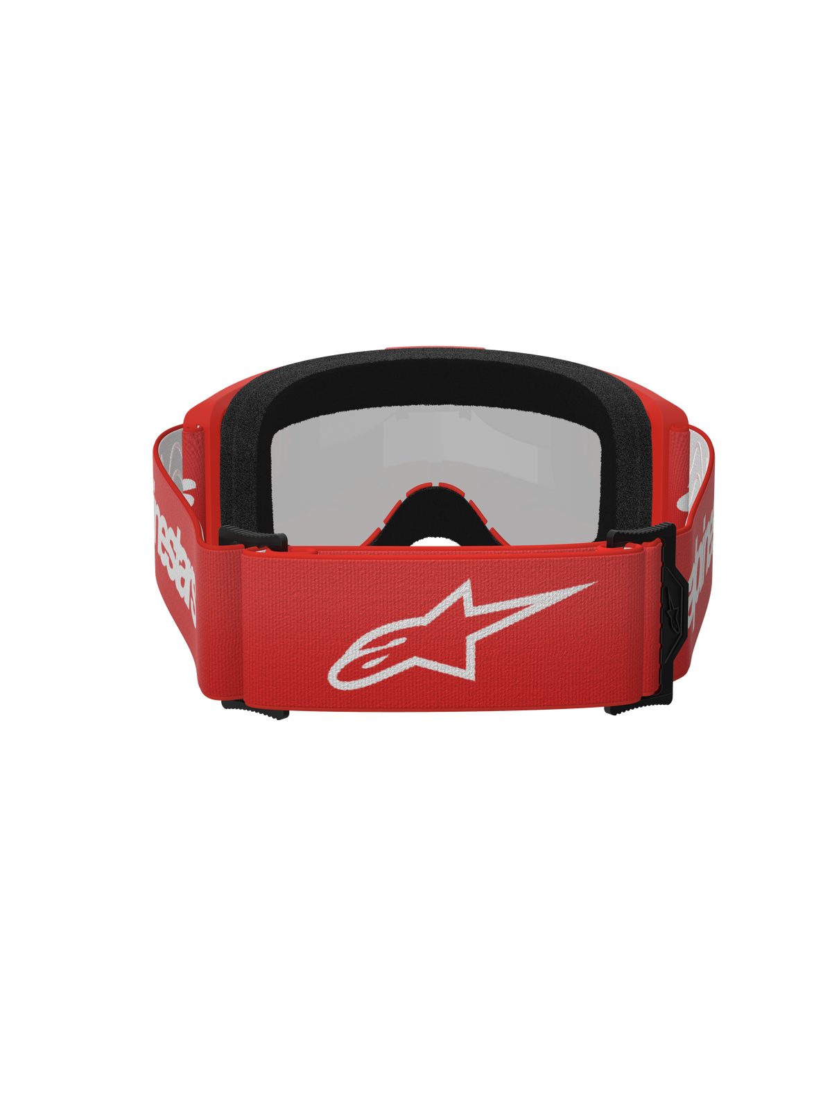 Gafas Alpinestars Vision 3 Wordmark, gafas de motocross, Rojo Mirror Silver, vista trasera con una correa tejida roja con el logotipo de Alpinestars en blanco, espuma facial EO15 negra y ajuste regulable para rendimiento off-road.