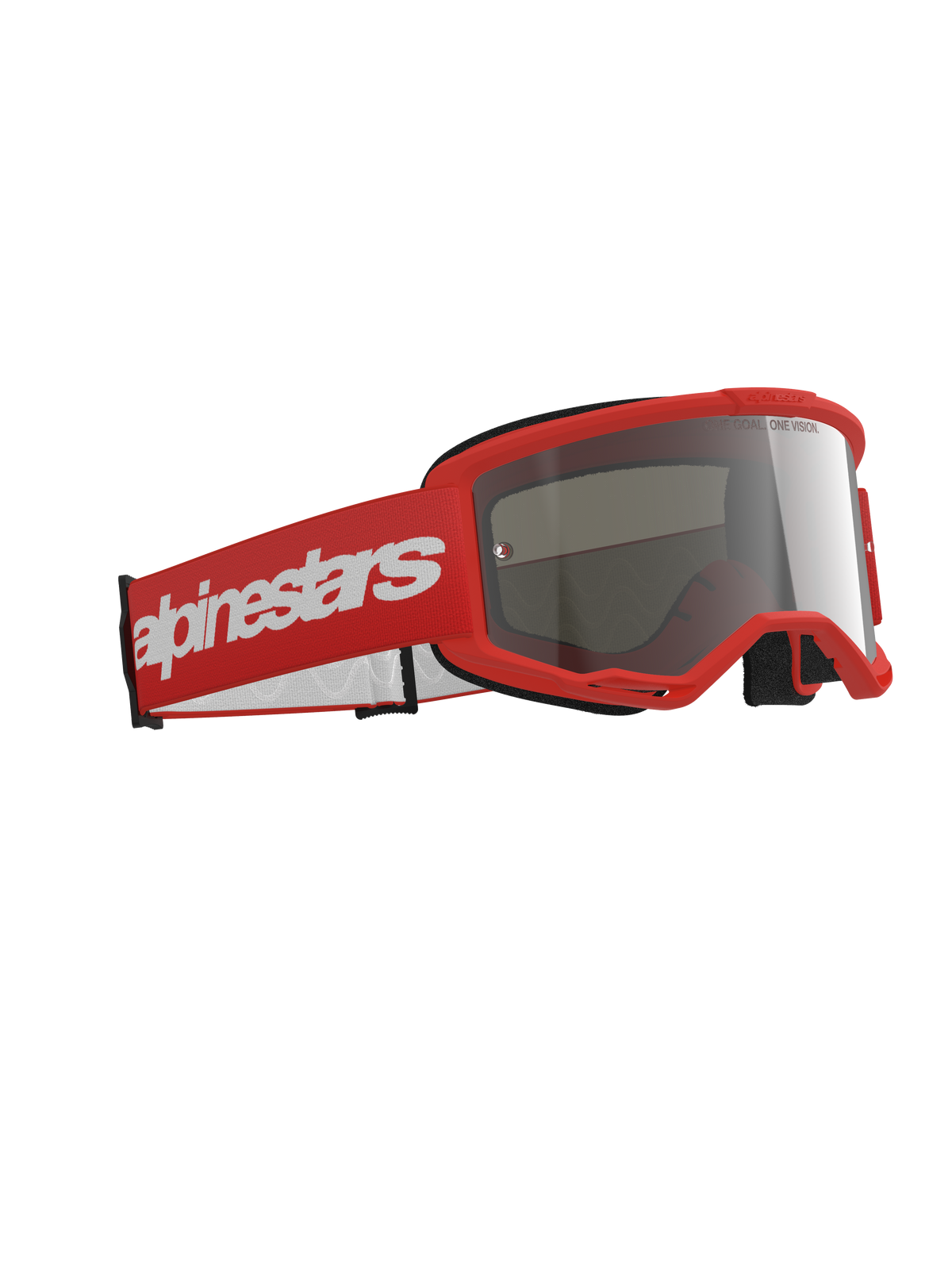 Gafas Alpinestars Vision 3 Wordmark, gafas de motocross, montura roja con correa roja a juego que presenta un logotipo grande en blanco, lente de espejo plateada, diseñadas para carreras de motocross y todoterreno