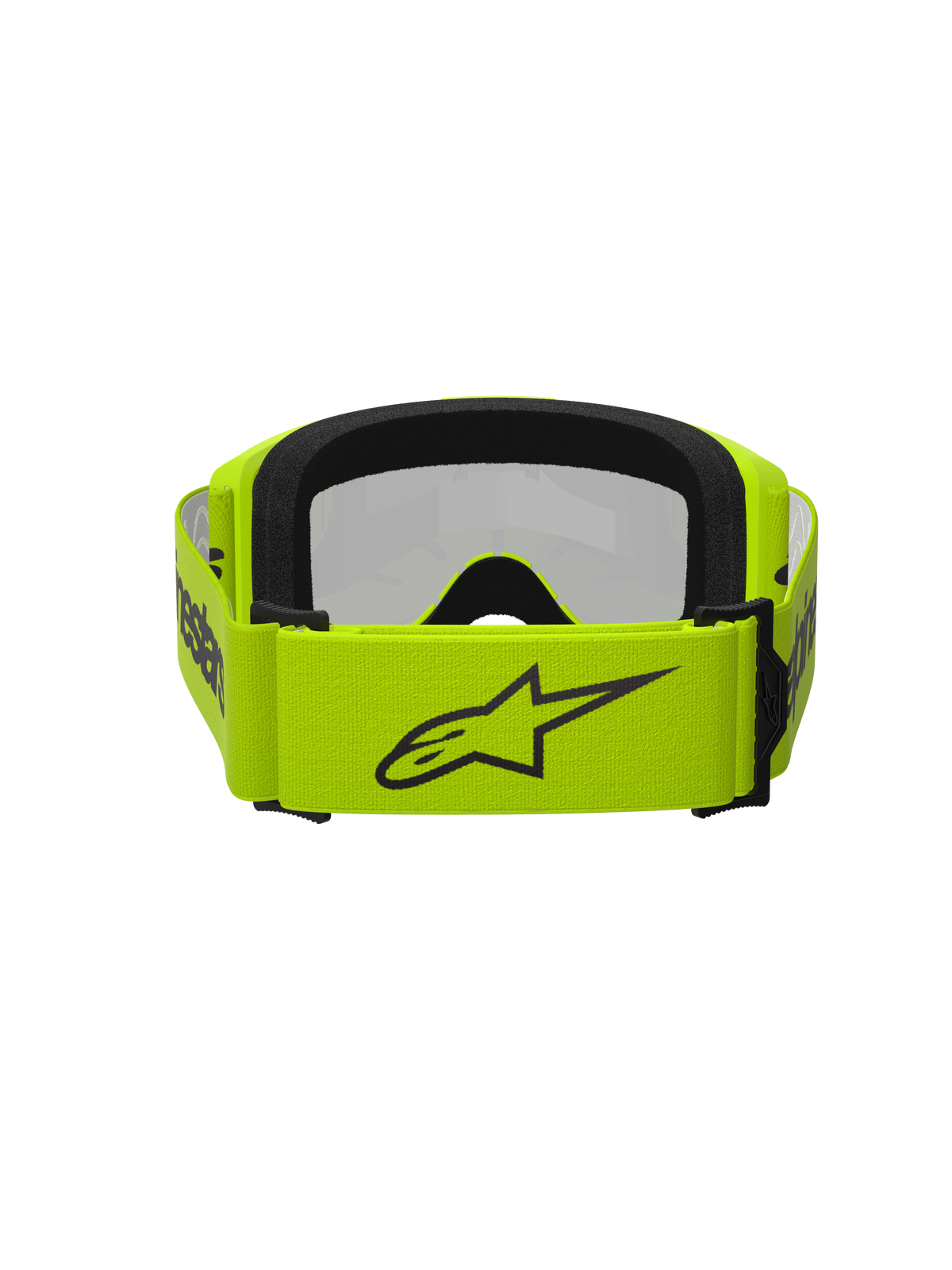 Alpinestars Vision 3 Wordmark Goggles, gafas de motocross, amarillo flúor y espejo plateado, vista trasera con una correa ancha de color amarillo fluorescente con logotipo de estrella negra y marca, espuma facial negra, diseñadas para carreras todoterreno