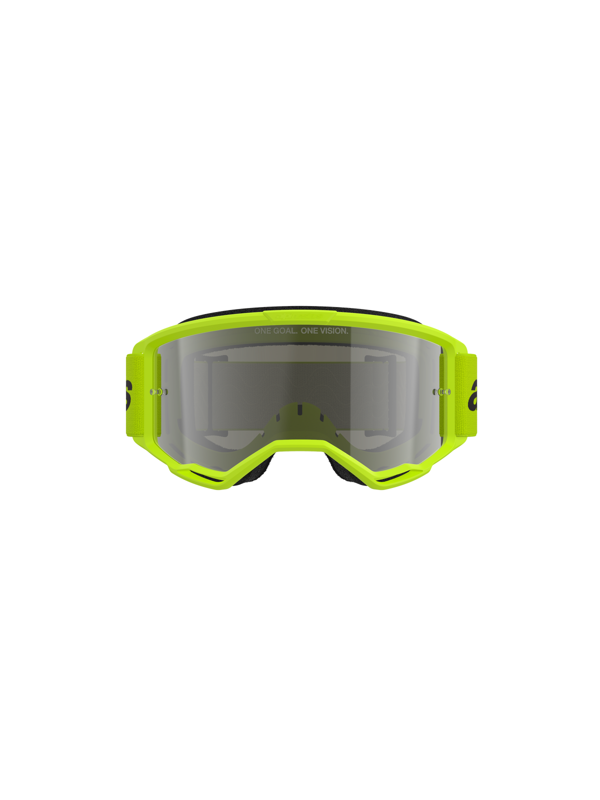 Gafas Alpinestars Vision 3 Wordmark, gafas de motocross, montura en amarillo flúor con lente Mirror Silver, correa amarilla a juego con el logotipo en negro, vista frontal que resalta el amplio campo de visión
