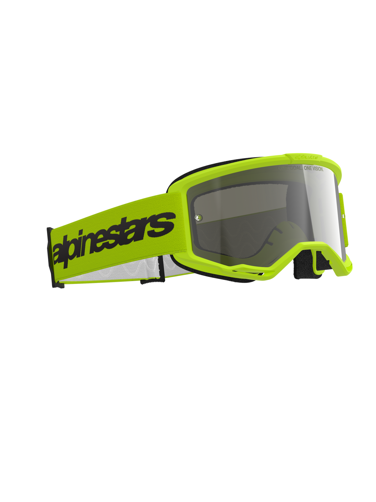 Gafas Alpinestars Vision 3 Wordmark, gafas de motocross, amarillo flúor y espejo plateado, montura amarillo brillante con lente plateada reflectante, correa ancha amarilla con el logotipo de Alpinestars en negro