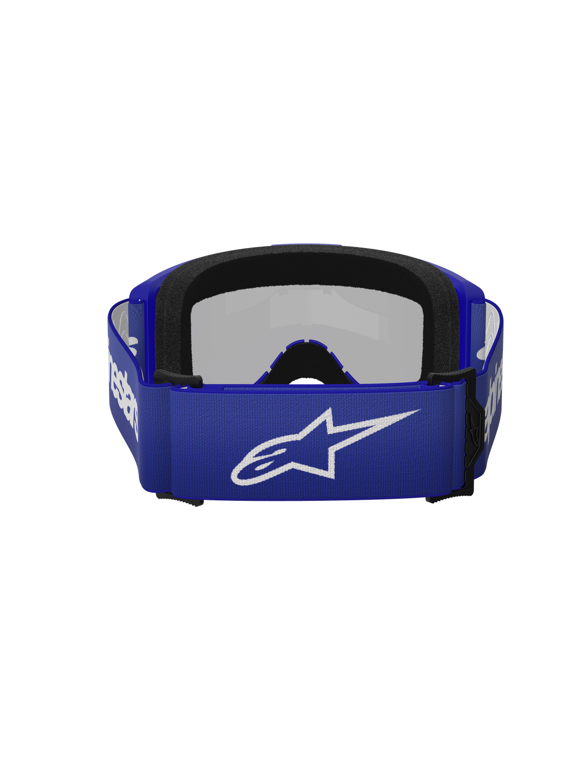 Gafas Alpinestars Vision 3 Wordmark, gafas de motocross, Blue Mirror Silver, vista trasera que muestra la correa tejida azul con el logotipo blanco de Alpinestars y espuma facial de doble capa negra