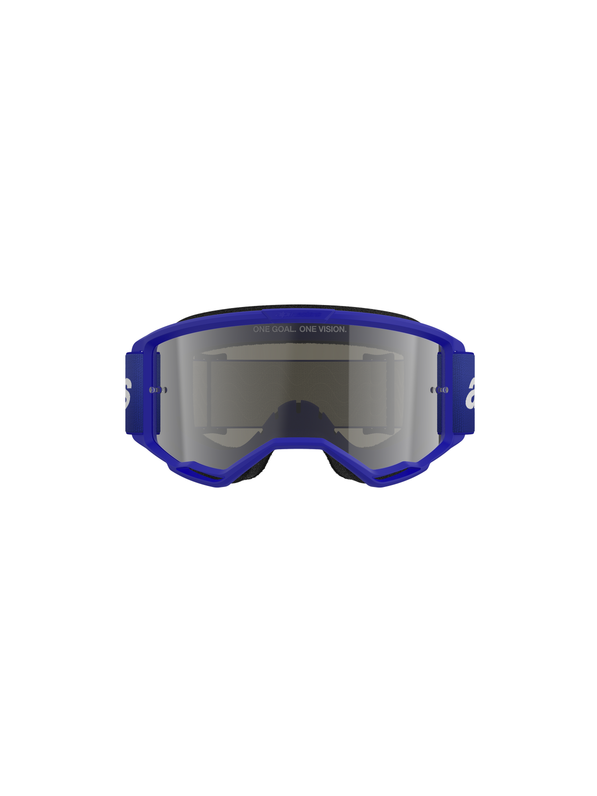 Gafas Alpinestars Vision 3 Wordmark, gafas de motocross, azul y espejo plateado, con montura azul vibrante y correa ancha con logotipo blanco, lente de espejo plateada con el texto 'ONE GOAL. ONE VISION.', protección ocular profesional para off-road