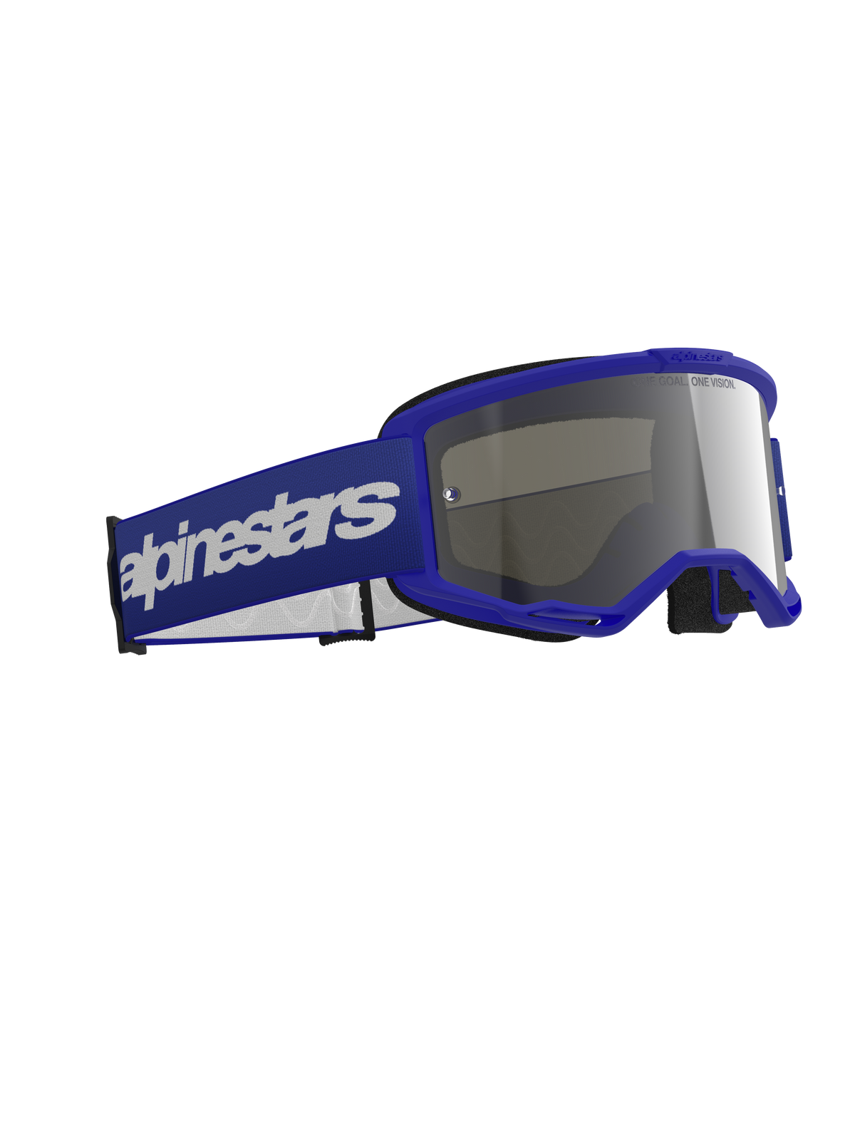 Gafas Alpinestars Vision 3 Wordmark, gafas de motocross, azul con lente de espejo plateada, con montura azul y correa ancha azul con el logotipo de la marca en blanco, diseño duradero para carreras todoterreno