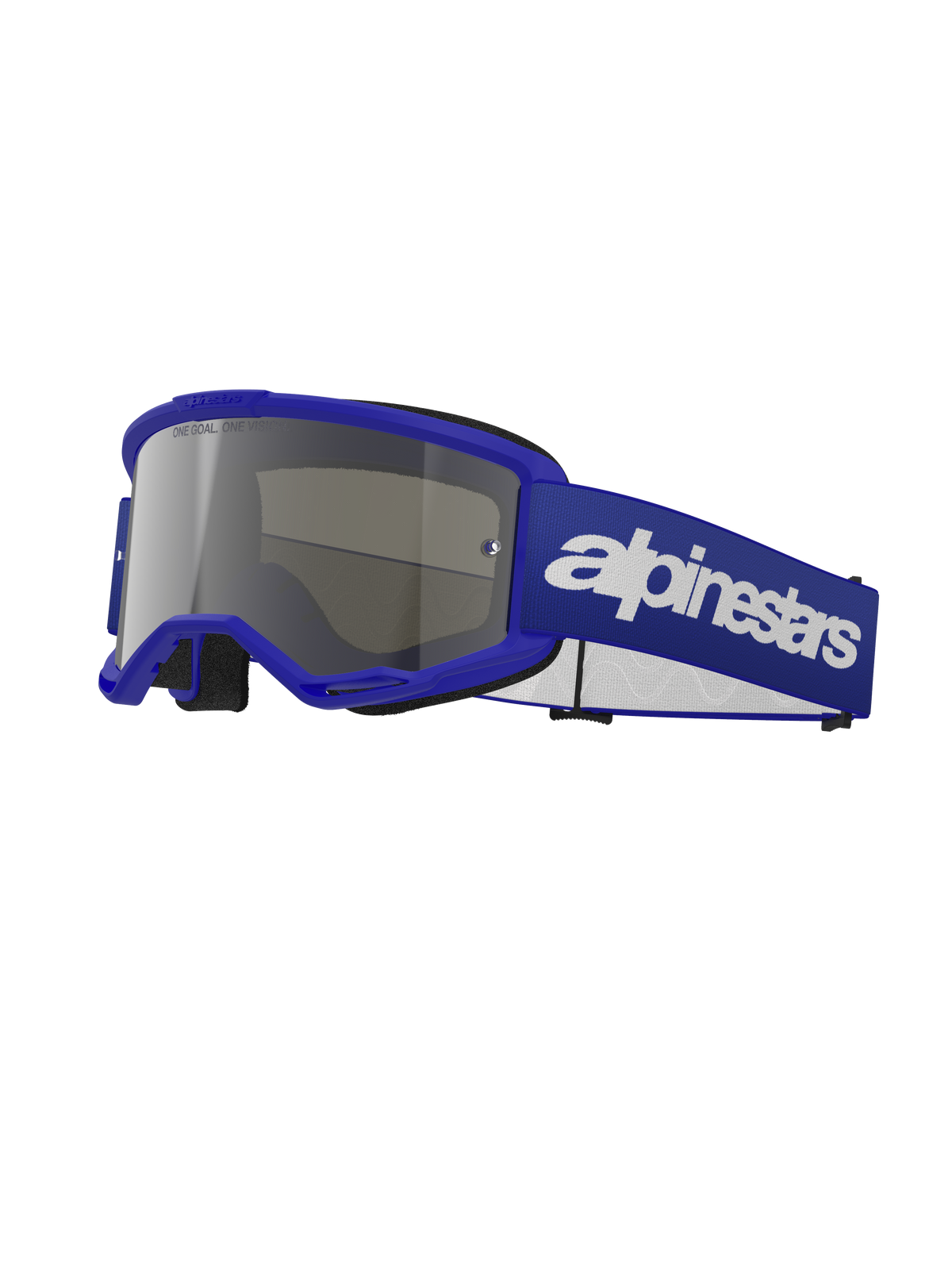 Gafas Alpinestars Vision 3 Wordmark, gafas de motocross, montura azul con lente de espejo plateada, correa azul ancha ajustable con logotipo de Alpinestars en blanco, espuma facial negra, gafas protectoras para conducción off-road y motocross