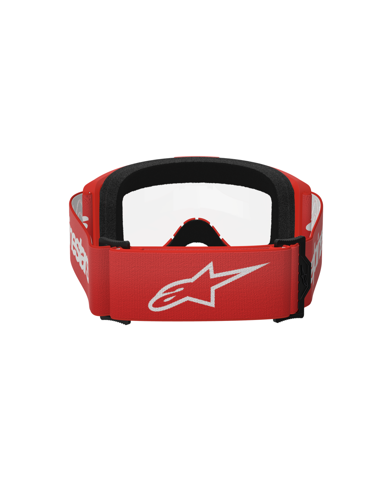 Gafas Alpinestars Vision 3 Wordmark, gafas de motocross, rojo y transparente, vista trasera que muestra la correa tejida roja con el logotipo de Alpinestars grande en blanco y el acolchado de espuma facial negro