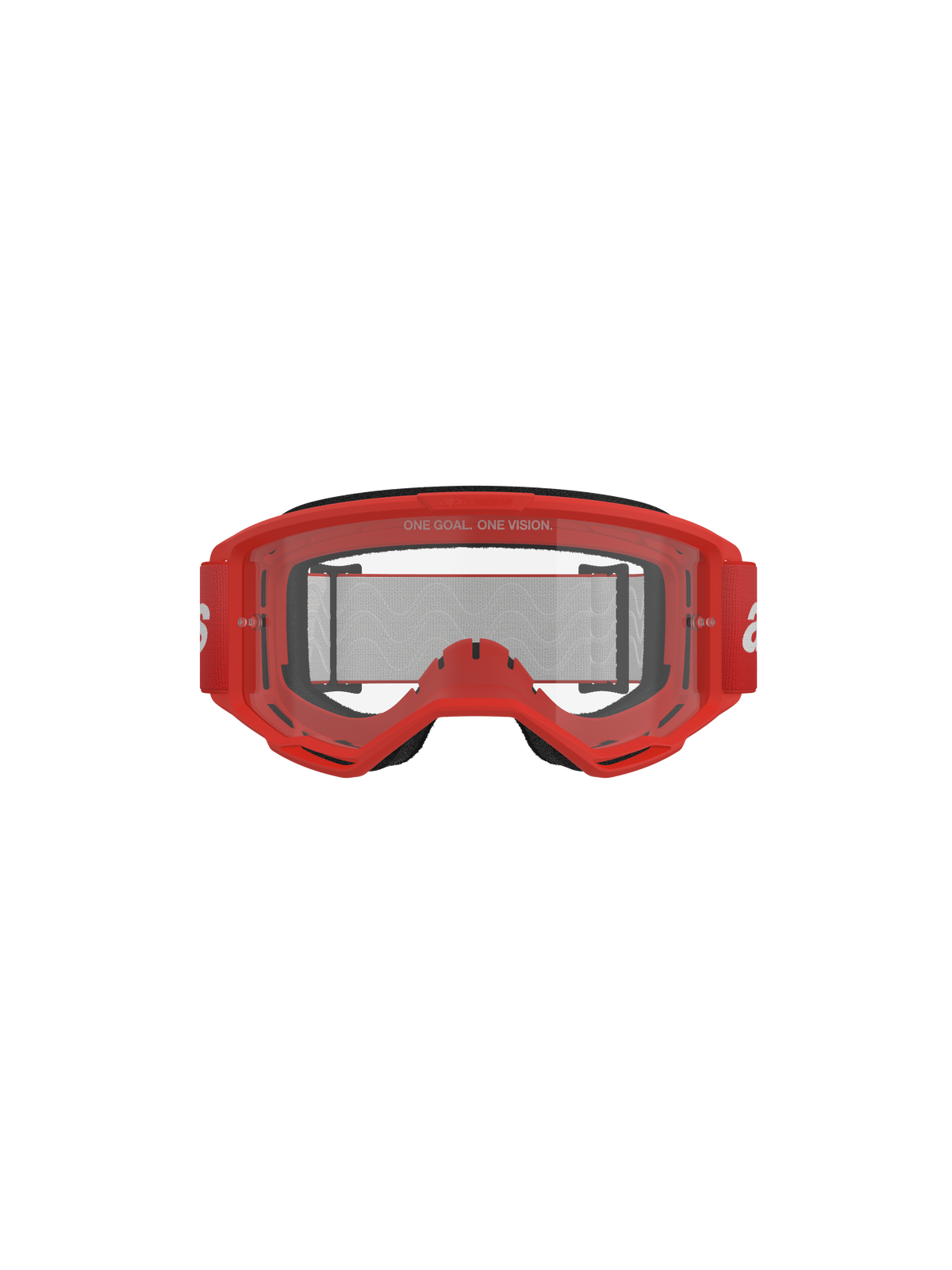 Gafas Alpinestars Vision 3 Wordmark, gafas de motocross, montura roja y lente transparente, correa tejida roja con logotipo en blanco, texto 'ONE GOAL. ONE VISION.' en la lente, toma de estudio frontal sobre fondo negro