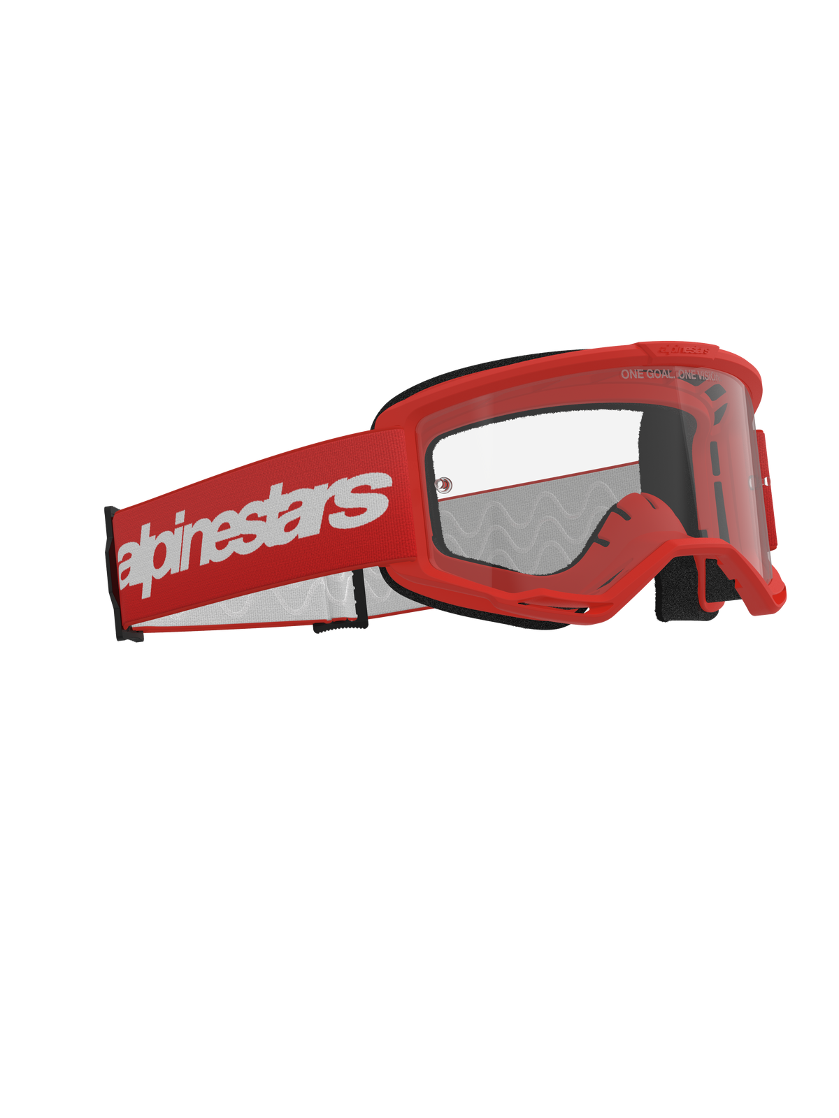 Gafas Alpinestars Vision 3 Wordmark, gafas de motocross, rojas con lente transparente, con montura roja y correa roja ancha con la marca Alpinestars en blanco, gafas profesionales para carreras todoterreno