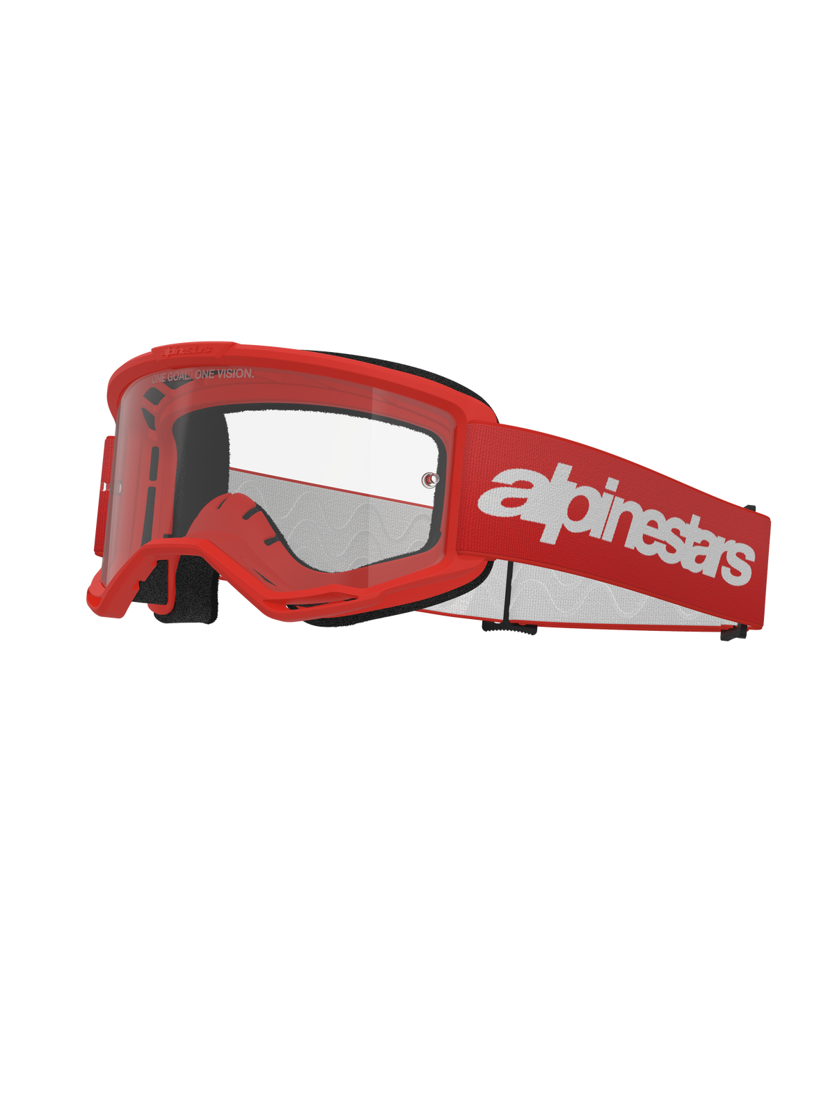 Gafas Alpinestars Vision 3 Wordmark, gafas de motocross, rojas y blancas, lente transparente, con una correa ancha roja con logotipo blanco, acolchado de espuma negra y montura A-FLEX ventilada para carreras off-road