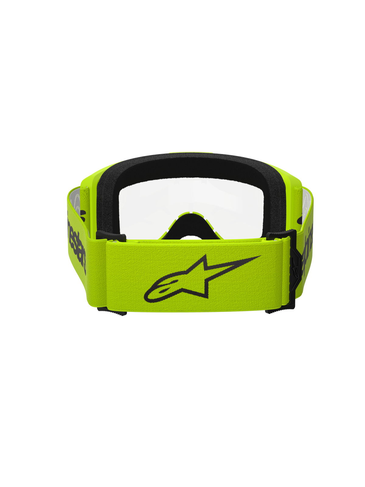 Gafas Alpinestars Vision 3 Wordmark, gafas de motocross, amarillo flúor con lente transparente, vista trasera que muestra una correa amarilla ancha con el logotipo de Alpinestars en negro, interior de espuma negra, diseño duradero para carreras todoterreno
