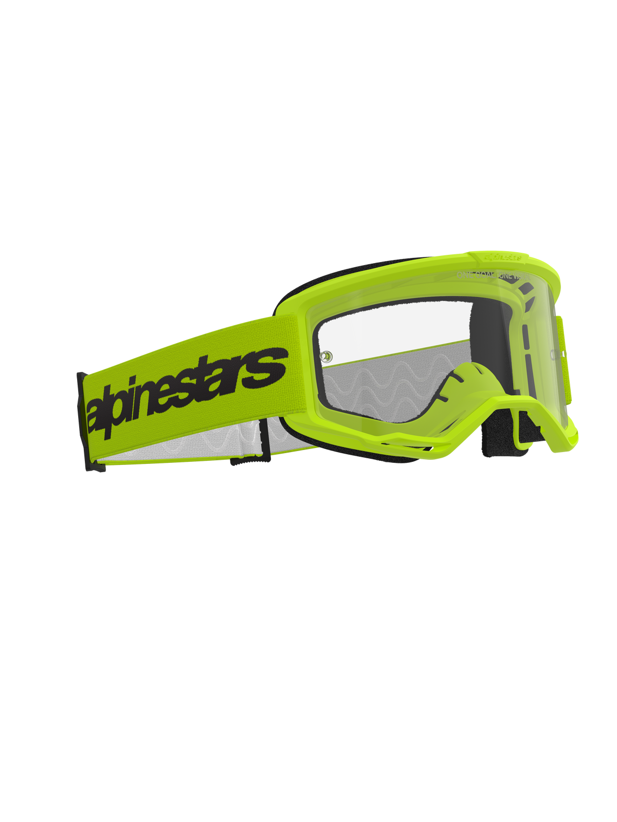 Gafas Alpinestars Vision 3 Wordmark, gafas de motocross, amarillo flúor con lente transparente, correa ancha amarilla flúor con el logotipo de Alpinestars en negro, montura ligera A-FLEX con ventilación RAM-AIR, protección ocular de alto rendimiento para carreras off-road
