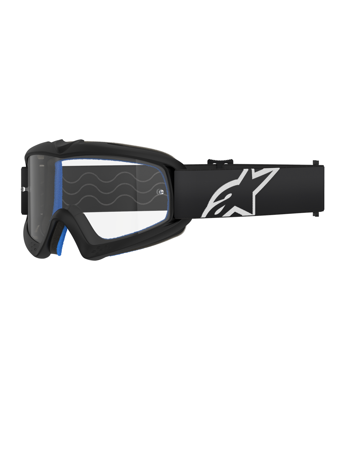 Alpinestars Vision Youth Corp Goggles, gafas de motocross para jóvenes, negras con acolchado azul, lente transparente con patrón ondulado, correa negra con logo de estrella blanco, diseño moderno y estilizado