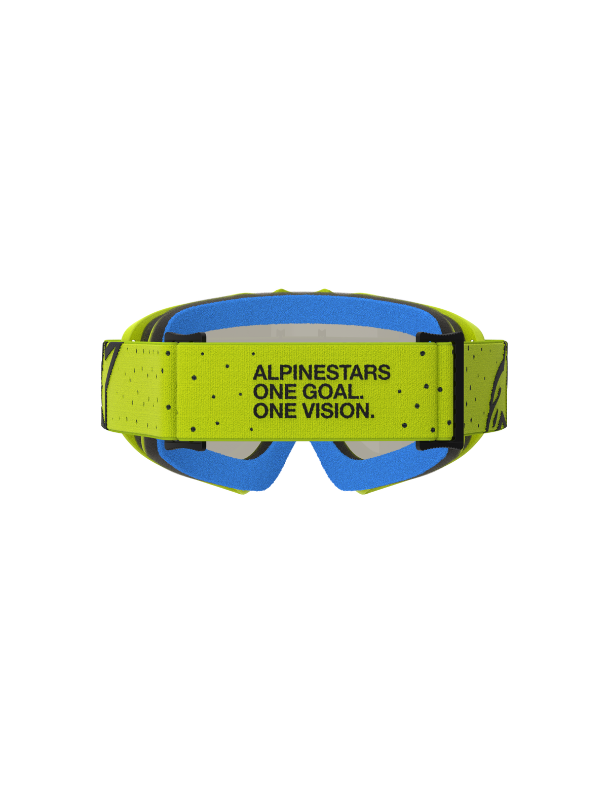 Gafas Alpinestars Vision Vesta Juveniles de motocross, amarillas y azules con el lema One Goal. One Vision. en la correa.