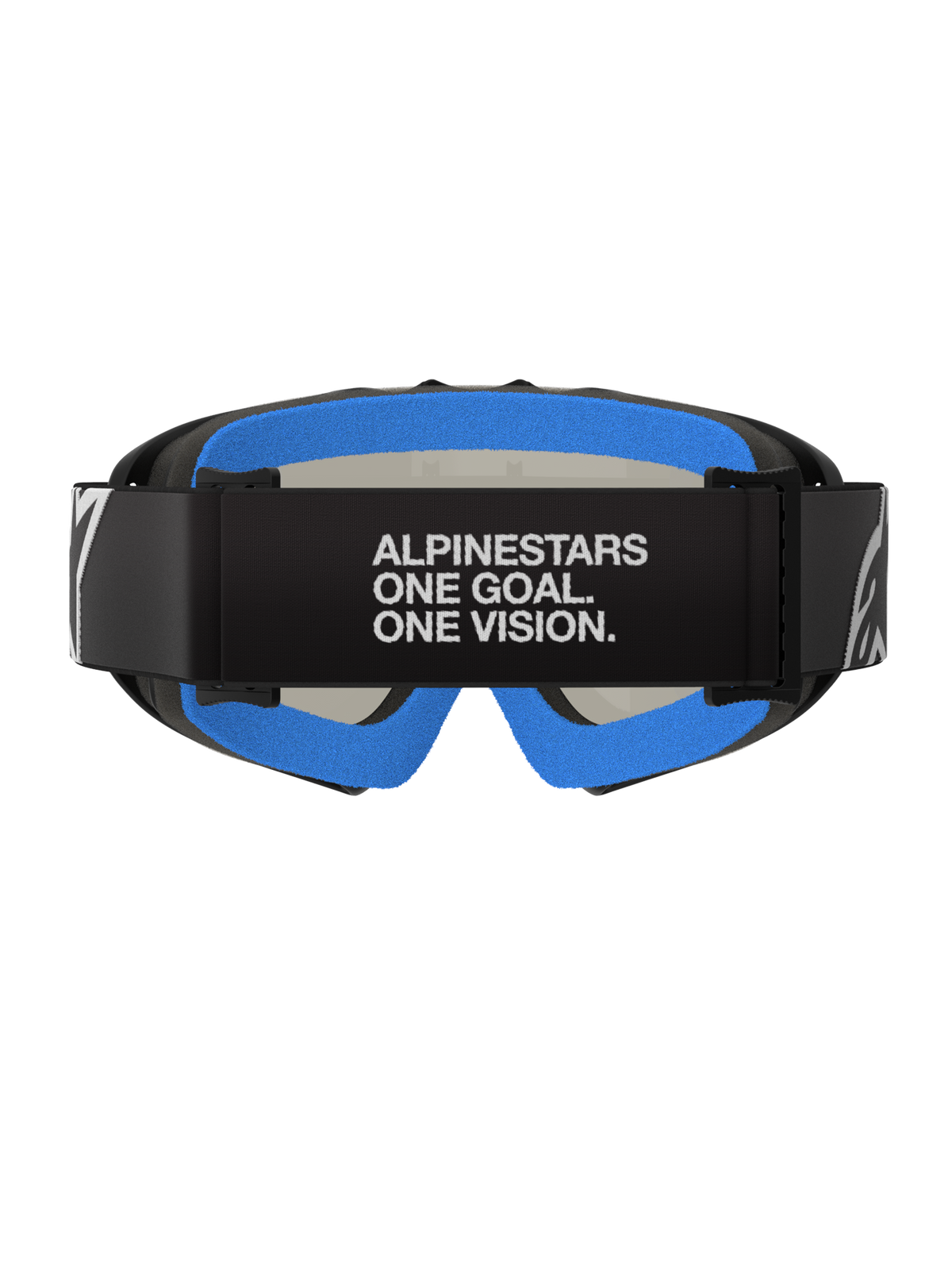 Gafas de motocross Alpinestars Vision Youth Corp, Black Mirror Silver, vista posterior con correa negra y texto blanco 'ALPINESTARS ONE GOAL. ONE VISION.', espuma facial de felpa azul brillante y montura A-FLEX negra.