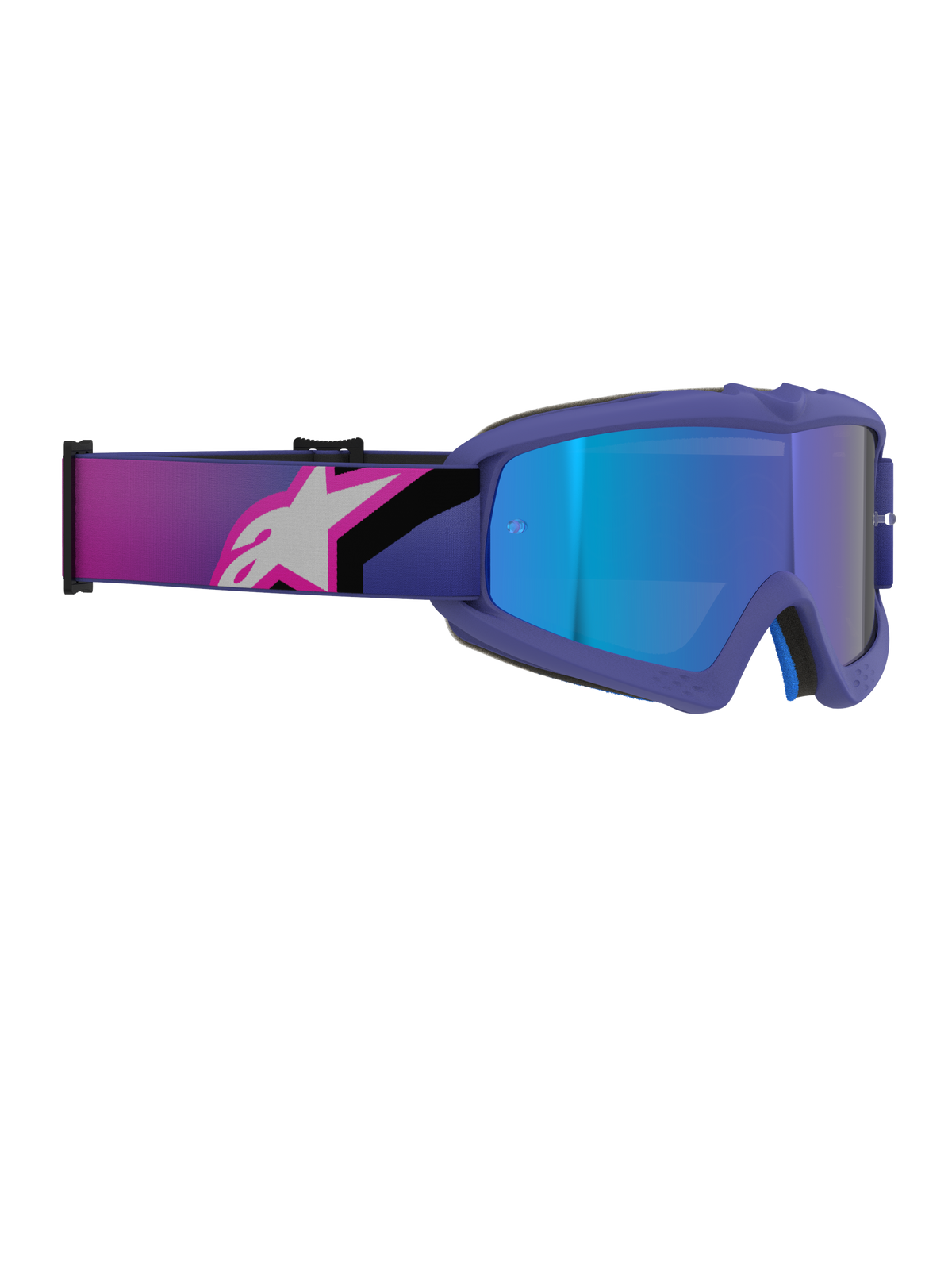Alpinestars Vision Youth Corp Goggles, Motocross Goggles, Purple and Fluo Pink frame with Mirror Blue lens, wide elastic strap featuring a pink and white Alpinestars logo, high-performance off-road eyewear for young riders
