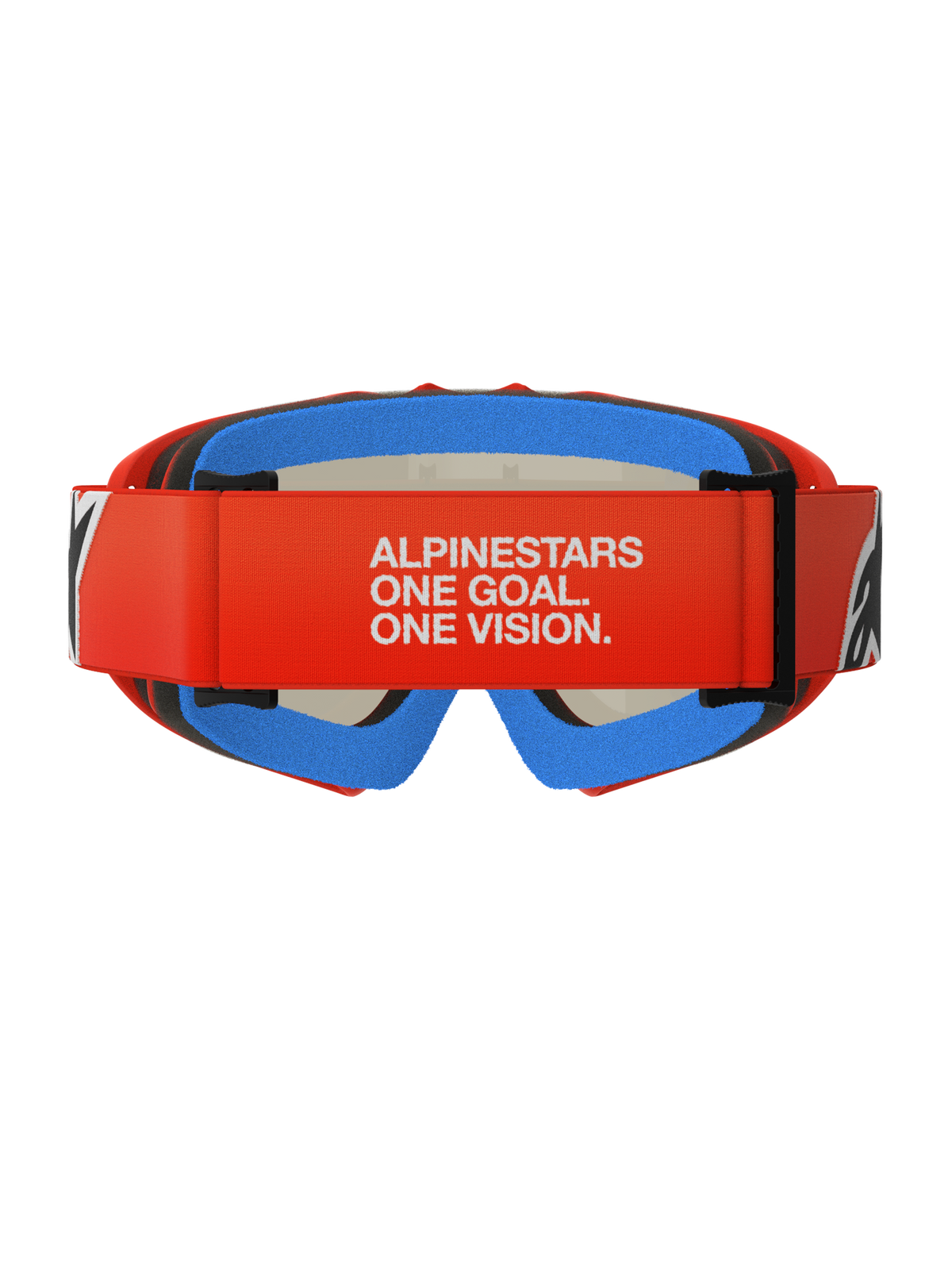 Gafas Alpinestars Vision Youth Corp, gafas de motocross para niños, naranja y rojo con espuma azul, vista trasera con correa roja ancha y marca blanca 'ALPINESTARS ONE GOAL. ONE VISION.', espuma de confort multicapa para un ajuste seguro