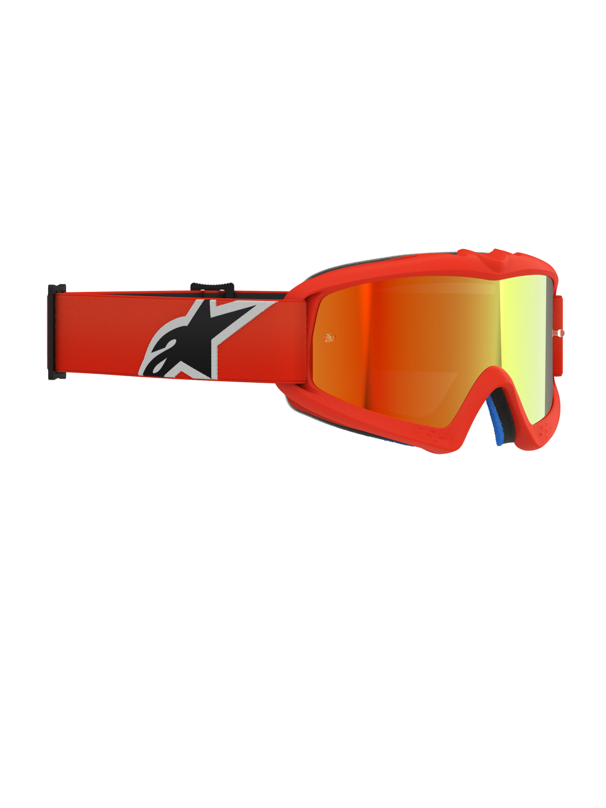 Gafas Alpinestars Vision Youth Corp, gafas de motocross, montura naranja con lente de espejo roja, con una correa tejida naranja con logotipo en blanco y negro, diseñadas para jóvenes pilotos con lente anti-vaho y montura de uretano