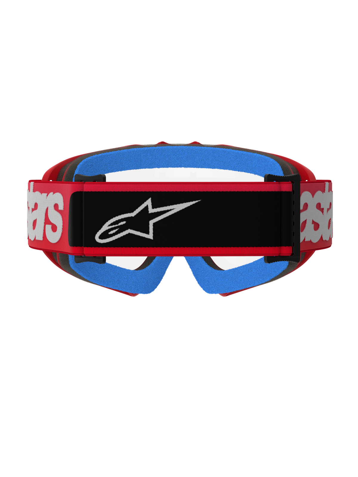 Gafas Alpinestars Vision Youth Blaze, rojas y transparentes, vista posterior que muestra una correa tejida roja con un parche de logotipo negro y marca blanca, espuma facial azul brillante y una lente transparente antivaho, diseñadas para carreras de motocross juvenil.