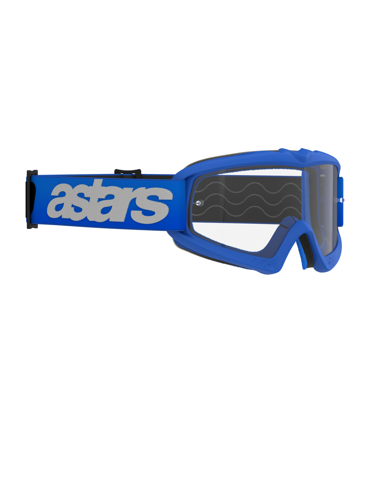 Alpinestars Vision Youth Blaze Goggles, Motocross Goggles, Blue and Clear, featuring a blue frame with a clear anti-fog lens, wide blue strap with white 'astars' logo, designed for youth riders and smaller face shapes, professional off-road gear