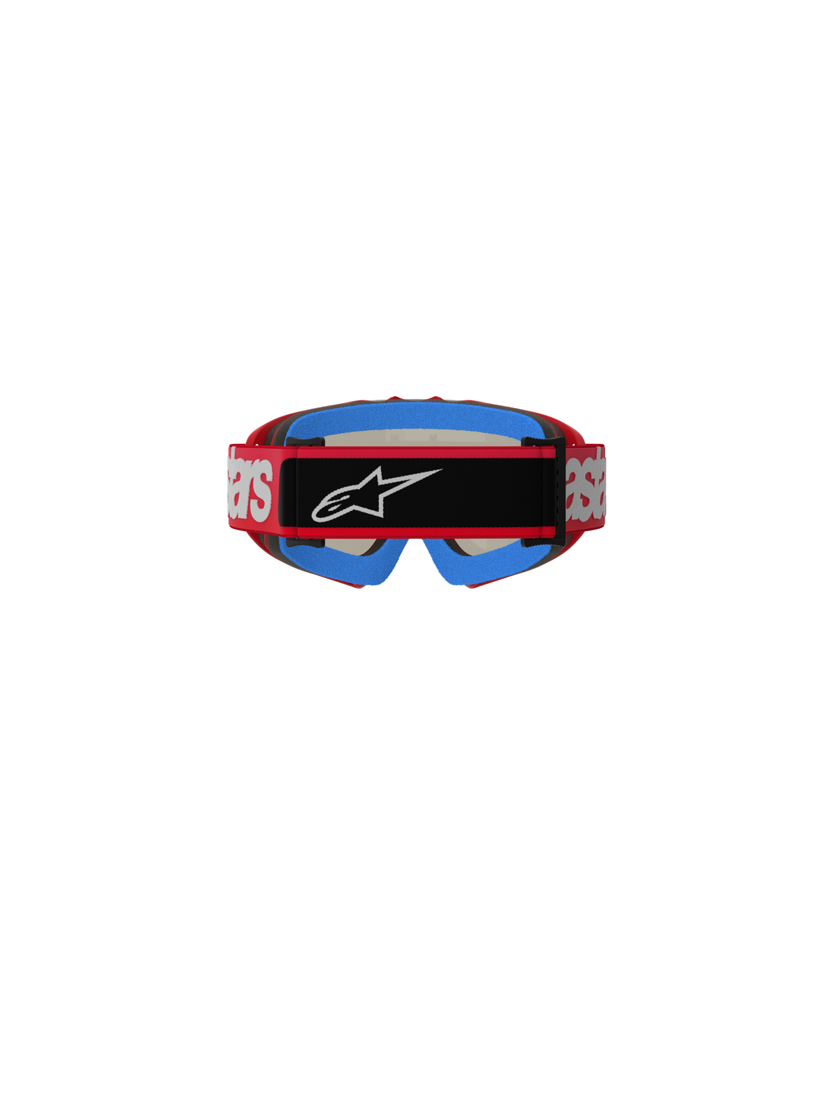 Gafas Alpinestars Vision Youth Blaze, gafas de motocross, rojo y plateado, vista trasera que muestra la correa roja con la marca blanca y un parche central negro con el logotipo Astars en blanco, acolchado de espuma interior azul