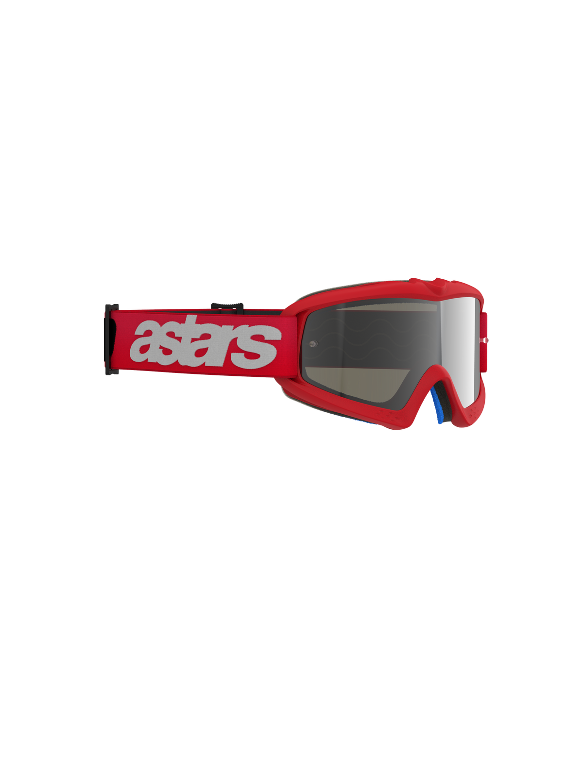 Gafas Alpinestars Vision Youth Blaze, gafas de motocross, rojas con lente de espejo plateada, correa tejida roja con el logotipo astars en blanco, montura compacta de uretano diseñada para pilotos jóvenes, protección ocular para carreras todoterreno