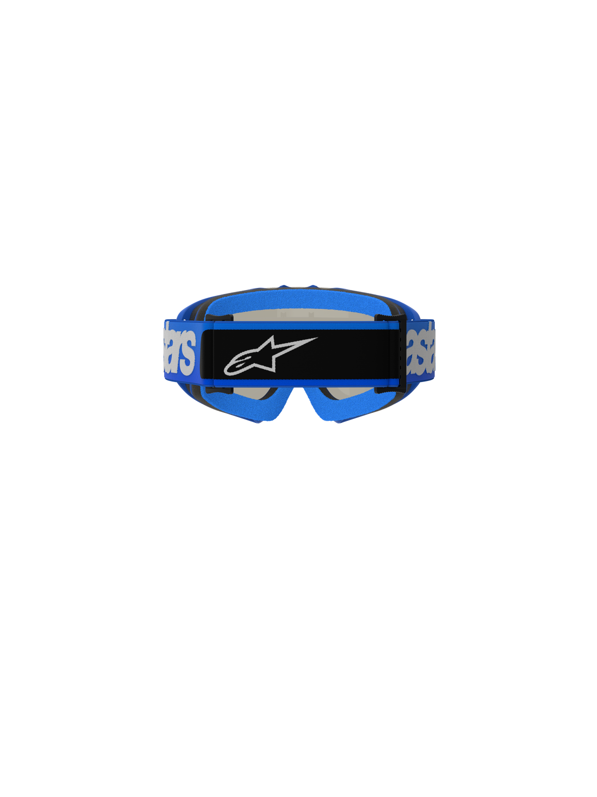Alpinestars Vision Youth Blaze Goggles, gafas de motocross, azul, vista trasera que muestra la correa tejida azul con la marca Alpinestars en blanco y placa central negra con el logotipo, acolchado de espuma azul, diseñadas para carreras off-road juveniles