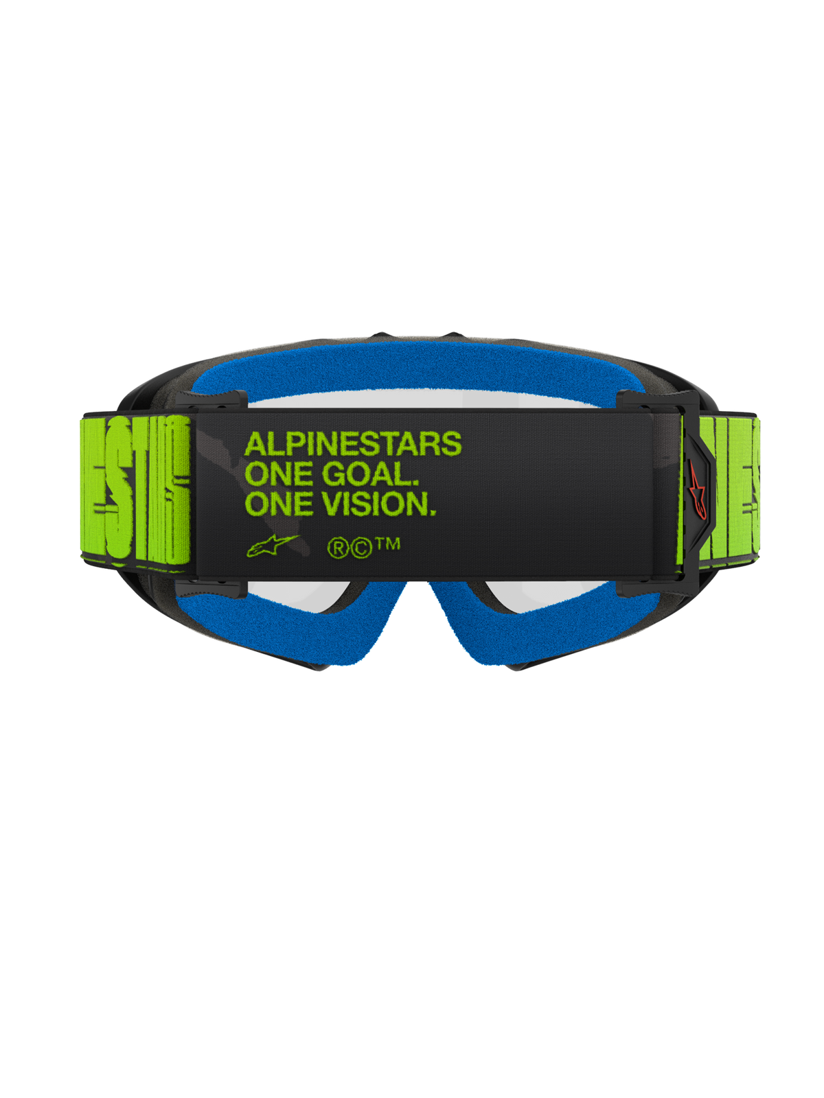 Gafas Alpinestars Vision Youth Hollow, gafas de motocross, gris carbón y amarillo flúor, vista trasera con el eslogan 'ALPINESTARS ONE GOAL. ONE VISION.' en la correa, espuma facial azul brillante, gafas de motocross para jóvenes