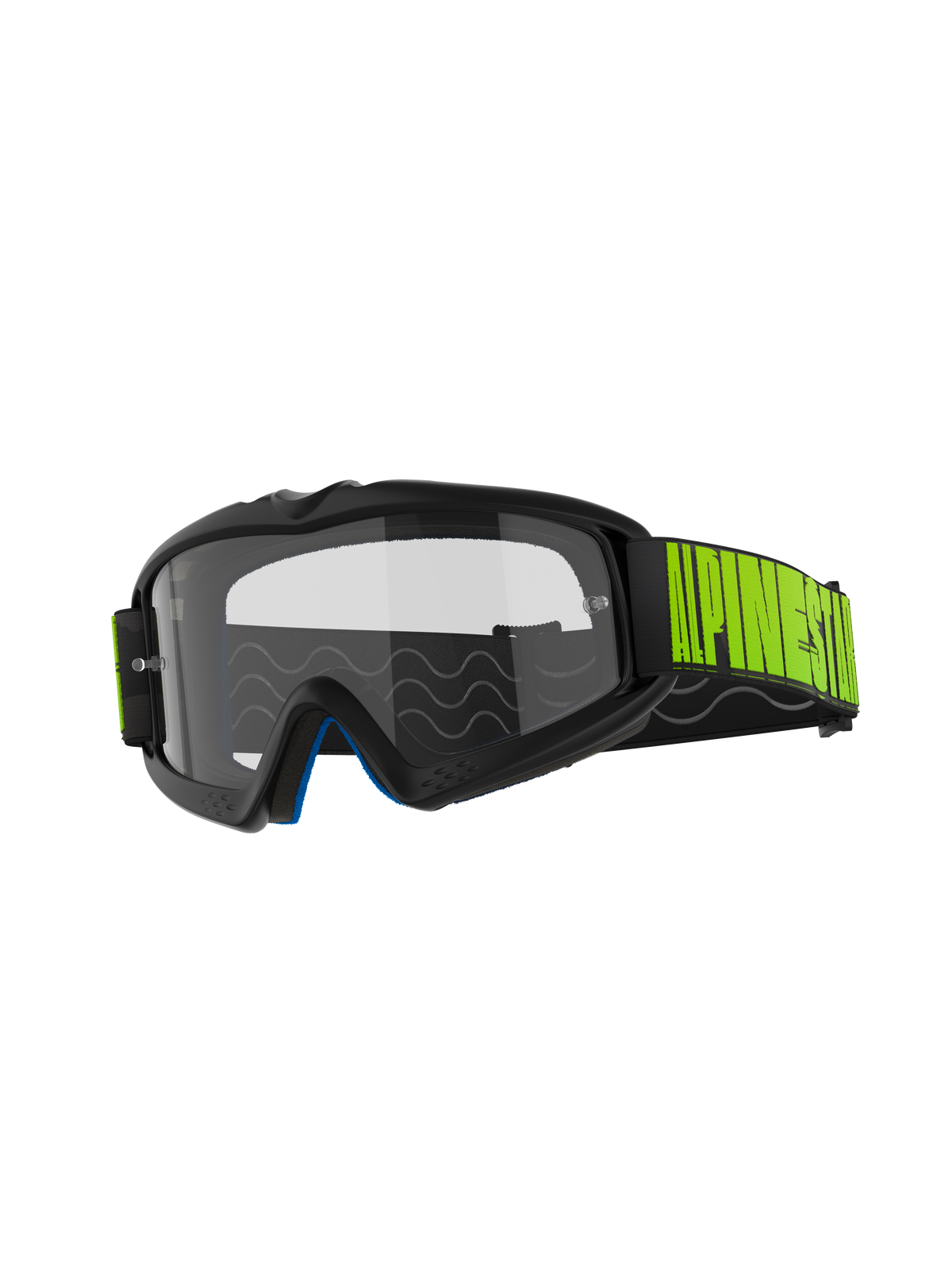 Gafas Alpinestars Vision Youth Hollow, gafas de motocross, montura color carbón con lente transparente antivaho, correa negra con logotipo en amarillo flúor, espuma interior azul, diseñadas para jóvenes pilotos en carreras todoterreno