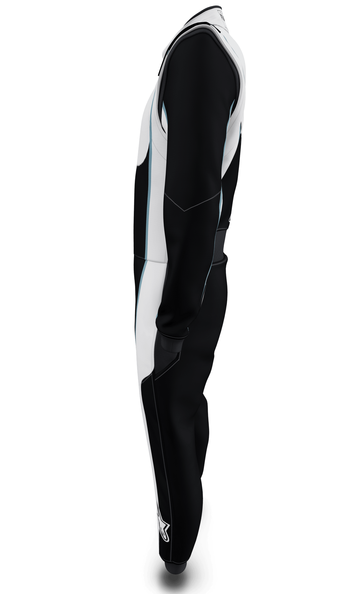 Alpinestars traje personalizado a medida Tech Vision V3, perfil lateral, traje FIA negro y blanco en Nomex ignífugo.