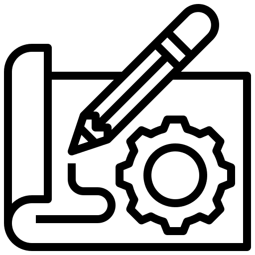 Icono de ingeniería y diseño de Alpinestars, dibujo lineal en blanco y negro de un lápiz sobre papel enrollado con un símbolo de engranaje, ilustración técnica minimalista