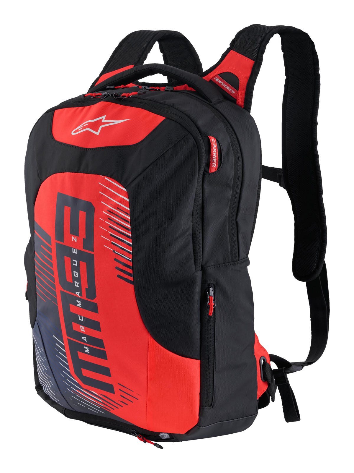 Mochila MM93 City Hunter V2, negra y roja, mochila de motociclismo deportiva con correas de hombro ergonómicas acolchadas, múltiples compartimentos con tiradores de cremallera rojos, panel frontal rojo con el logotipo MM93 y elementos gráficos de Marc Márquez, tejido de poliéster duradero, diseño aerodinámico y estilizado