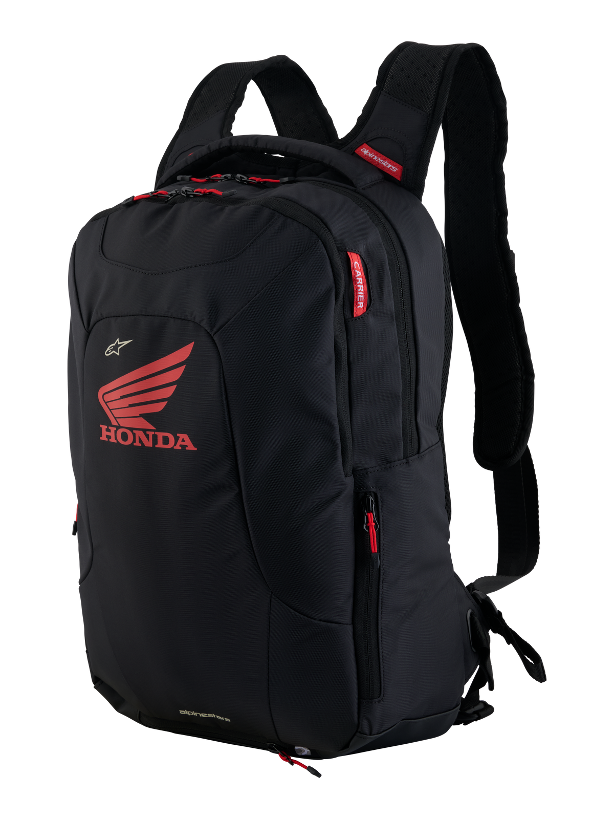 Mochila Honda City Hunter V2, mochila urbana para motocicleta, negro y rojo brillante, con un gran logotipo del ala de Honda en rojo y marca Alpinestars, múltiples compartimentos con cremallera y tiradores rojos, diseño ergonómico con correas acolchadas de malla 3D.