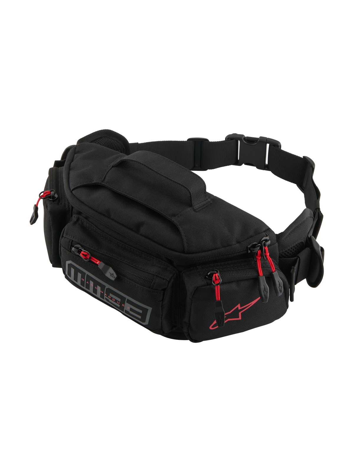 Alpinestars MM93 Waist Bag, riñonera para moto, negra con tiradores de cremallera rojos, múltiples compartimentos con cremallera, cinturón ajustable con hebilla, con el logotipo rojo de Alpinestars y la marca MM93 en gris, tejido duradero resistente al agua