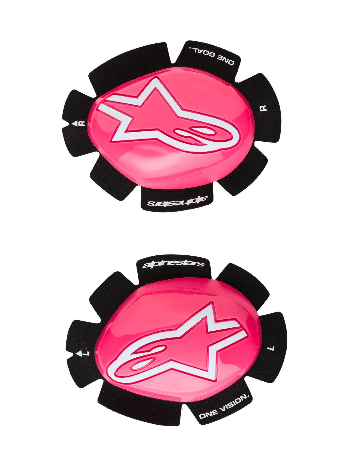 Alpinestars GP Plus Knee Slider, deslizadores de rodilla para moto de carreras, rosa flúor y blanco, juego de deslizadores izquierdo y derecho, superficie rosa brillante con logotipos de estrella blancos, base negra con el texto 'One Goal One Vision', construcción de plástico duradero para uso en pista y carretera