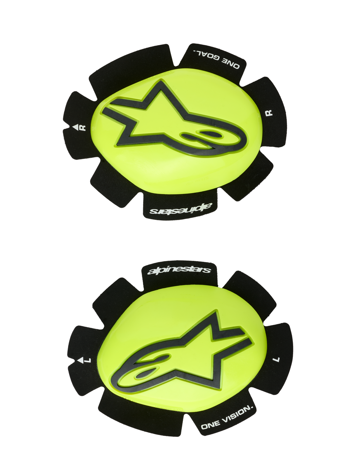 Alpinestars GP Plus Knee Slider, deslizadores de rodilla para carreras de motos, amarillo flúor y negro, par izquierdo y derecho con logotipo de estrella negro sobre superficie amarilla brillante, bordes negros texturizados con marca 'alpinestars' y 'ONE GOAL ONE VISION', diseñados para la abrasión en pista