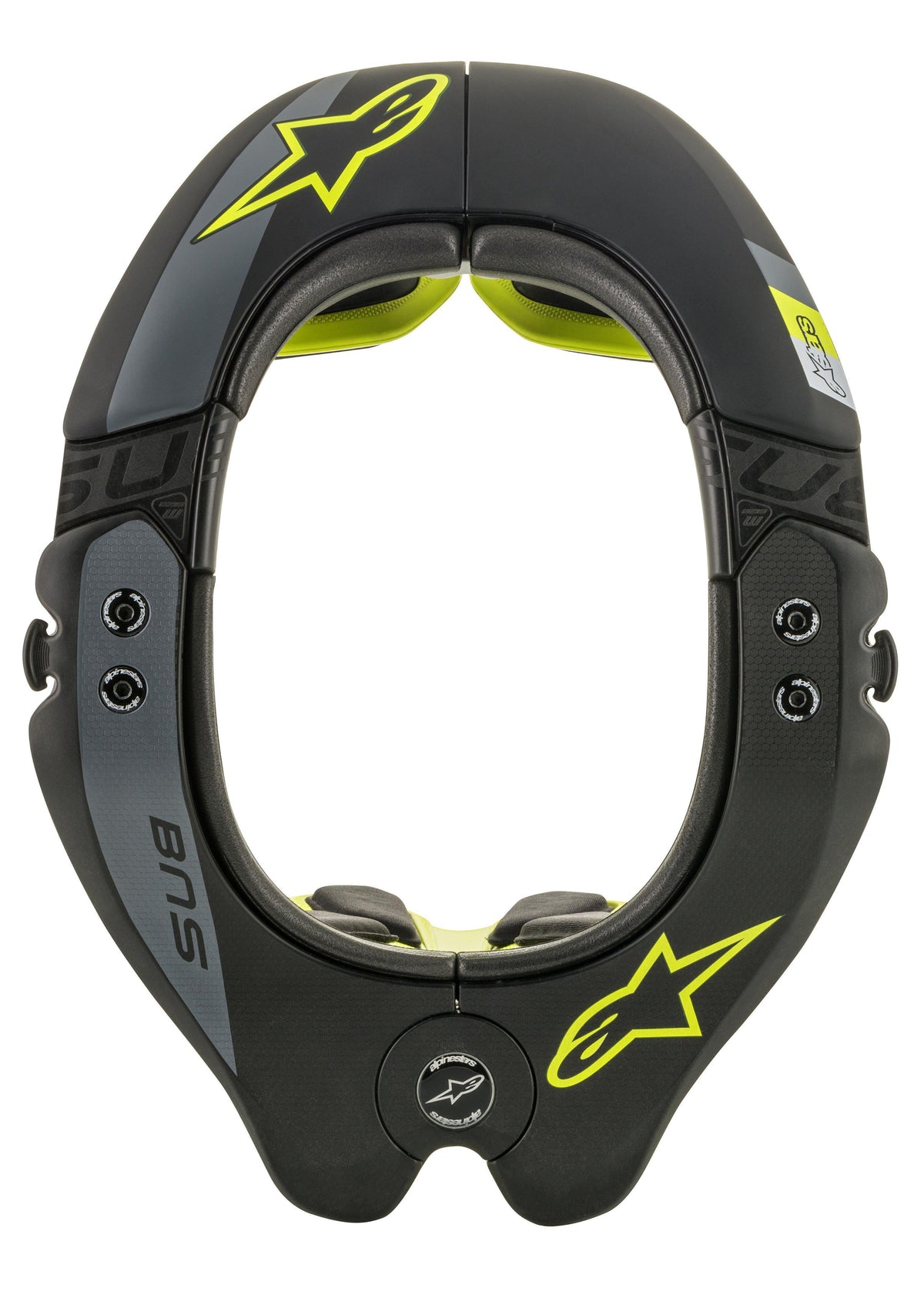 Alpinestars BNS Tech 2 Neck Support, protector de cuello para motocross, negro y amarillo fluorescente, vista superior del marco ovalado con logotipos de estrellas amarillas, detalles en gris y marca 'BNS', diseñado para la seguridad off-road