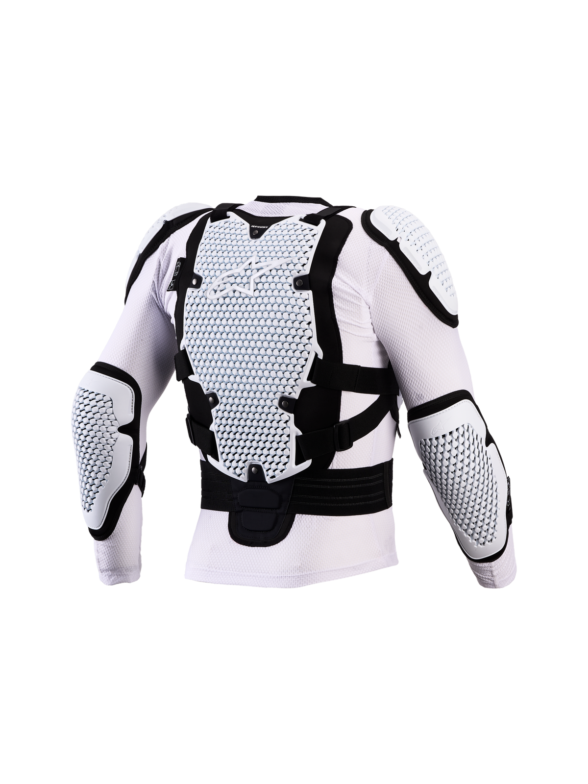 Alpinestars Bionic Action V3, chaqueta protectora de motocross, blanca y negra, vista trasera con tecnología A-Morph en espalda y codos, certificada CE