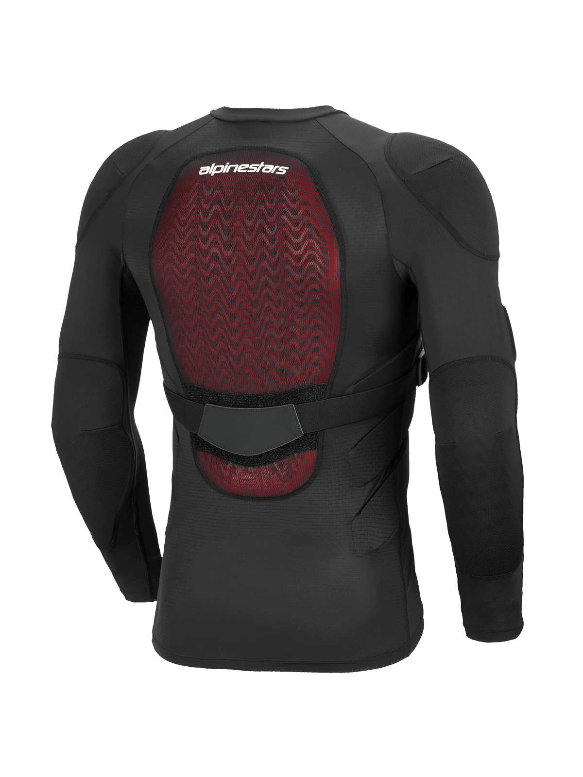 Chaqueta protectora Alpinestars Bionic Plasma LT de manga larga, negra, vista trasera que resalta el protector de espalda Nucleon PLASMA rojo, construcción en malla elástica transpirable, correa de cintura ajustable y protección integrada en hombros y codos