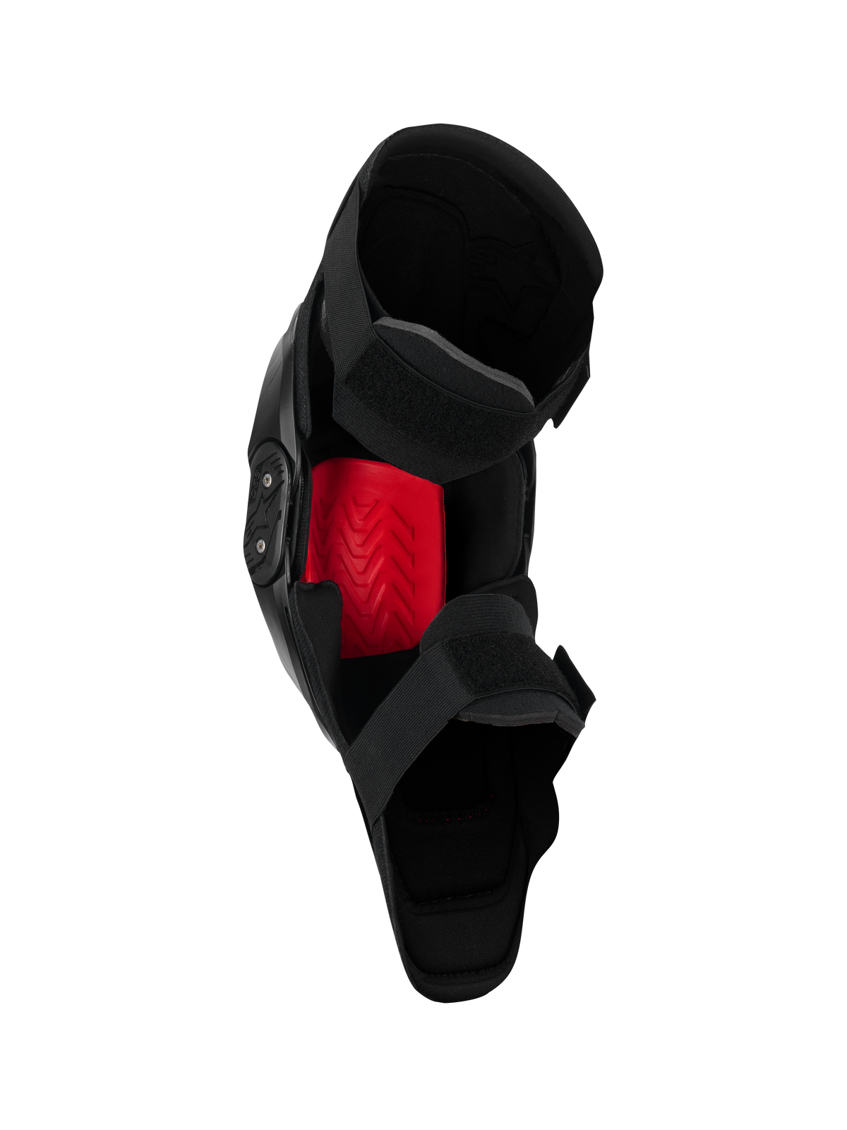 Alpinestars SX-1 Plasma Knee Protector, protector de rodilla para motocross, negro y rojo, vista interna que destaca el inserto rojo Nucleon PLASMA y el sistema de cierre de doble correa, diseñado para el rendimiento todoterreno