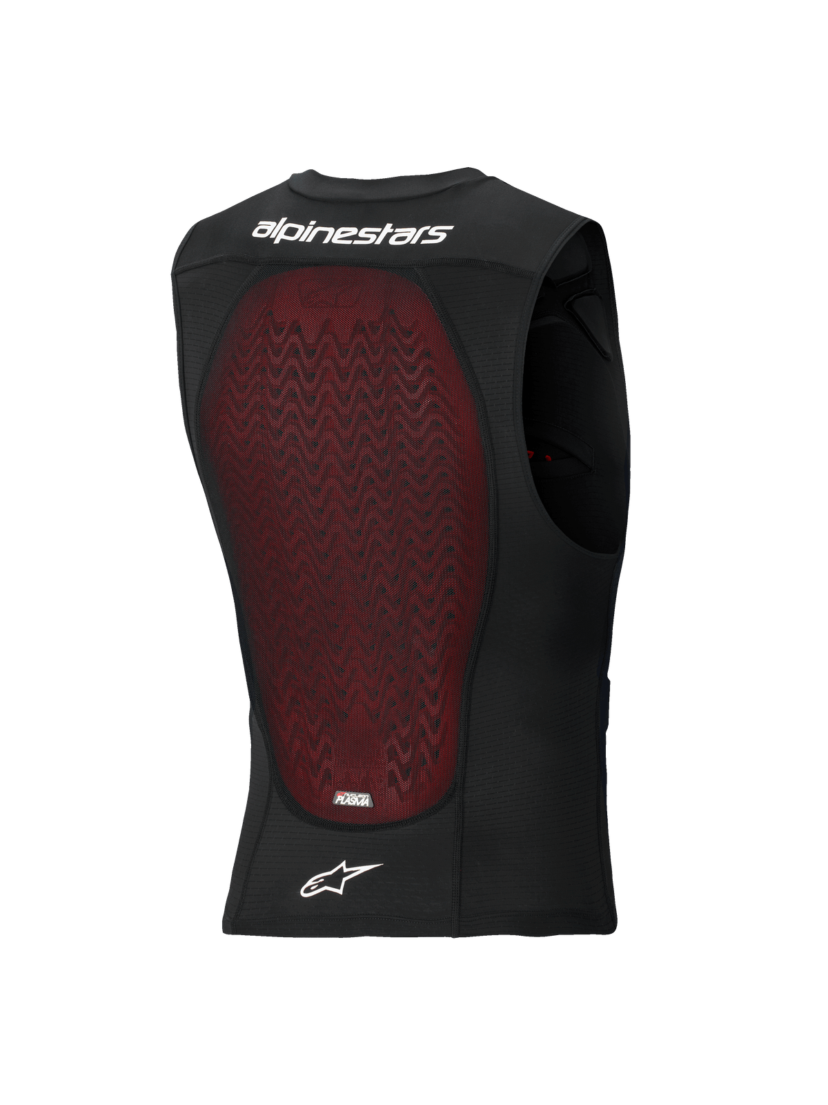 Alpinestars Bionic Plasma LT Protection Vest, vista posterior, malla transpirable negra con un gran protector de espalda Nucleon PLASMA rojo, con el nombre y logotipo de Alpinestars en blanco, diseñado para protección contra impactos en off-road y motocross